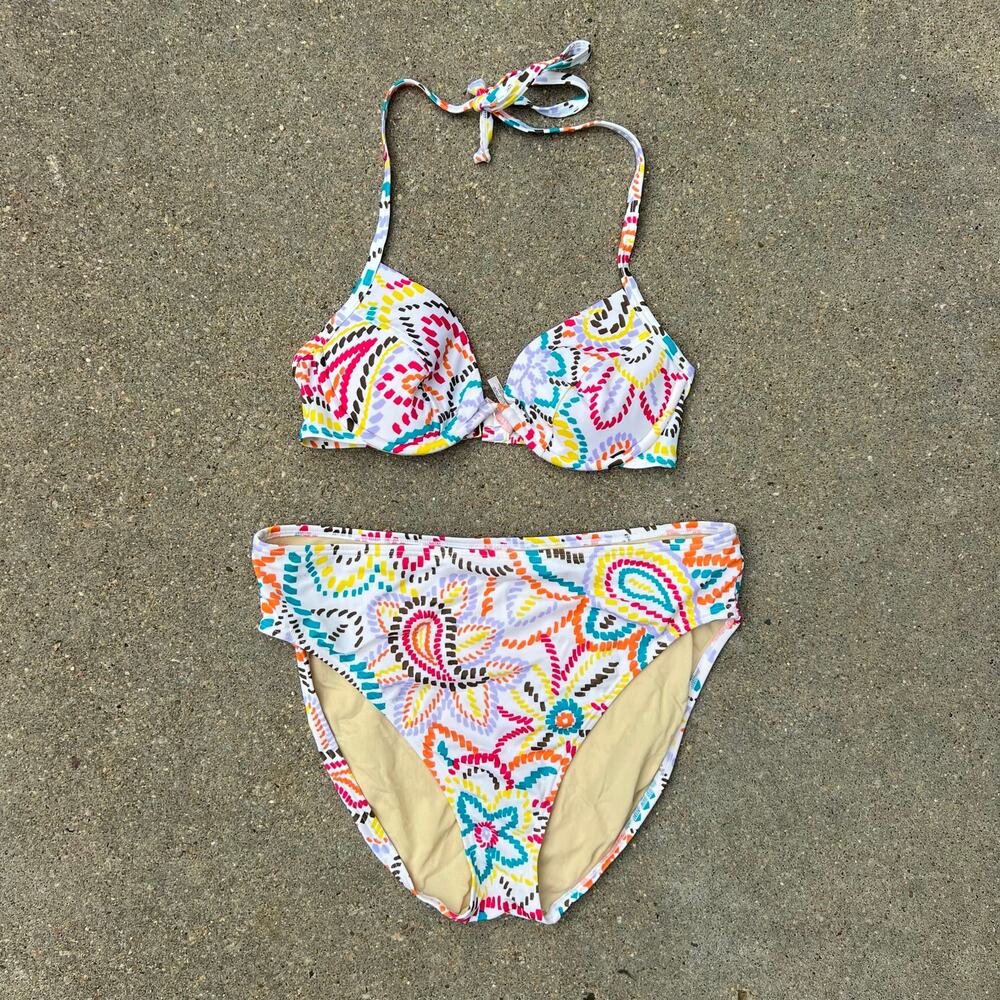Vintage Y2K Victoria's Secret 36B/XL High Rise Halter Mod Floral Retro Bikini